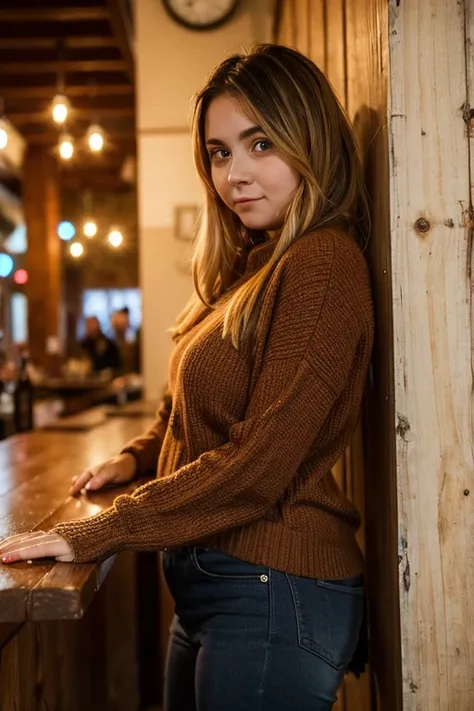 An overweight drunk Russian girl with a beautiful face in autumn clothes stands with her back to the camera leaning sideways against the wall in a bar