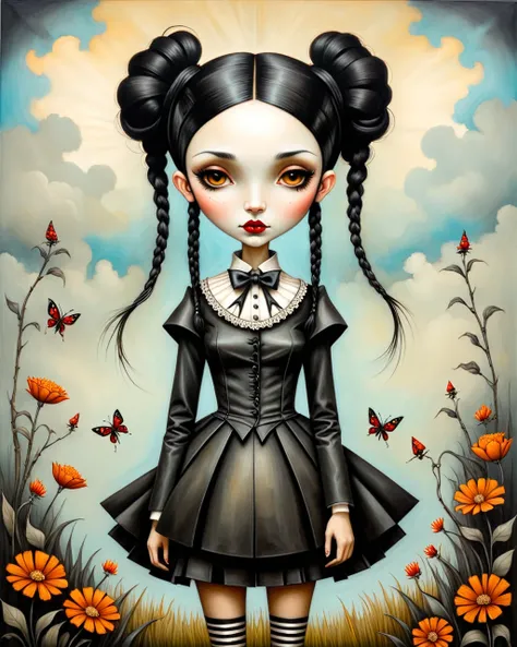 origami style in the style of esao andrews,esao andrews style,esao andrews art,esao andrewsa painting of a girl gothic wednesday addams pale black hair two braids style of esao andrews, andrews esao artstyle, inspired by Esao Andrews, esao andrews ornate, ...