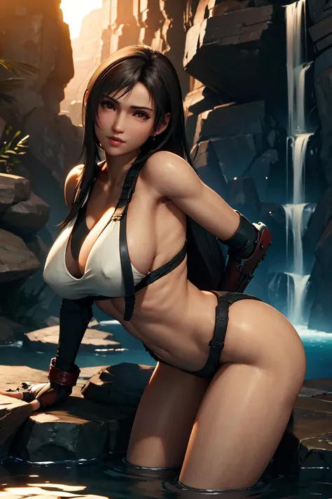 Tifa half naked in a waterfall, whole body, pose sensual, round ass, big breasts and light brown eyes. 8k, Best Quality, masterpiece 1.2