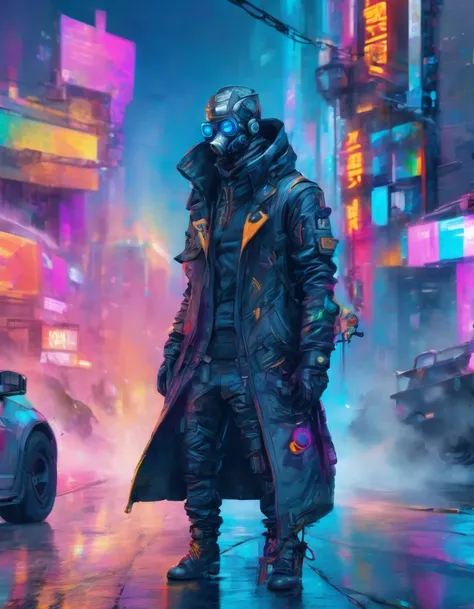 a badass cypunk man detailed , leaning on the wall, pose on a futuristic street next to a traffic light , ((holding a smoke)) with a vibrant color , high enlightenment , refined quality , High definition , super fine detailed ,Sharp details in 32k resoluti...