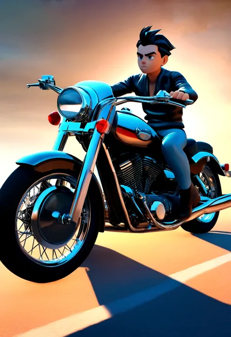 a Disney Pixar style 3D poster of a young man with black eyes,  riding a Harley Davison 883 on a motorcycle ride