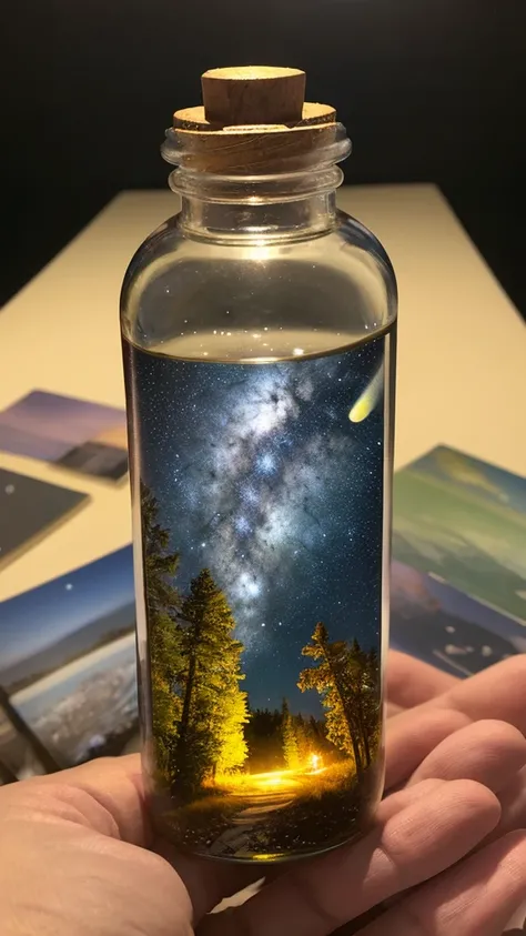 masterpiece、Highest quality、（A very delicate and beautiful starry sky scene trapped in a bottle）、World Masterpiece Theatre、High resolution equirectangular projection、Highest quality、Awareness-raising、material、canvas、oil、realism、Realistic