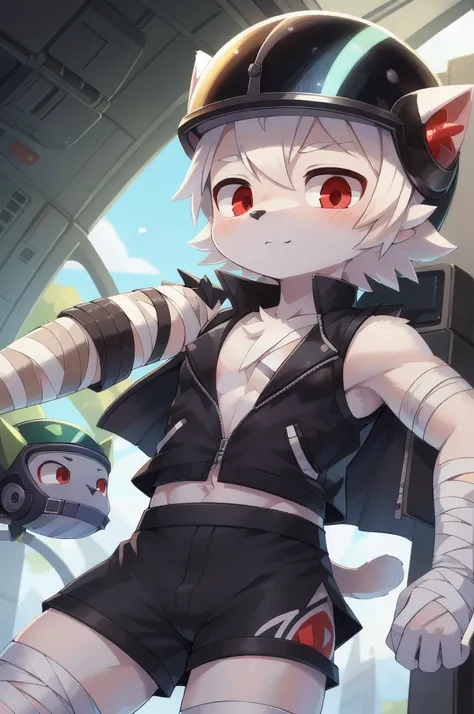 Furry shota, cat, red eyes, white body fur, white hair, spike hair, detailed body fur, detailed body, detailed eyes, glistering body, shiny body, gorgeous body, masterpiece, ((pilot helmet, black vest, open clothes, bandages on chest, black open skirt, gre...