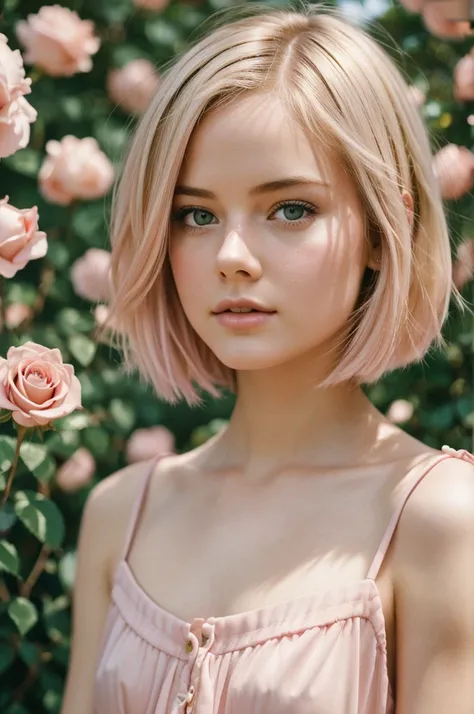 8k, photo and gross, fujifilm, Style photography of a beautiful young girl like Avril in a light pink rose garden. (very detailed skin: 1.2) Style-Petal BREAK short hair, blonde hair with colored highlights, wearing a dress, film grain, 35mm, beautiful sty...