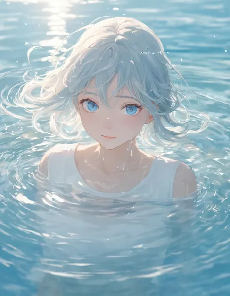 anime style female character in water, (kind expression:1.1), blue colored eyes, white top, (rippling effect of water around the...