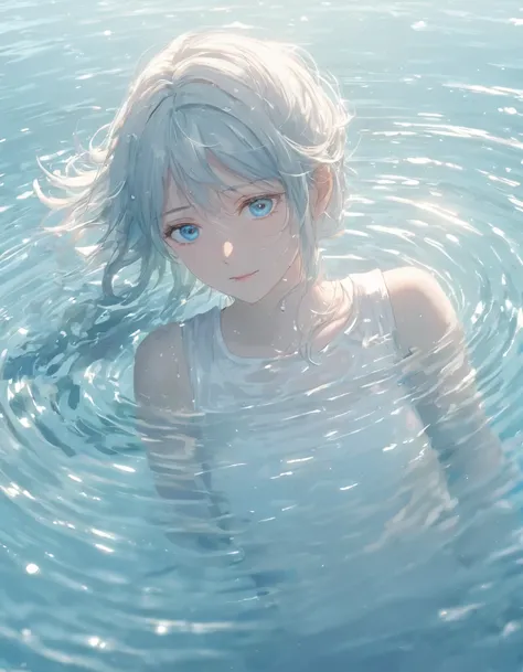 anime style female character in water, (kind expression:1.1), blue colored eyes, white top, (rippling effect of water around the...