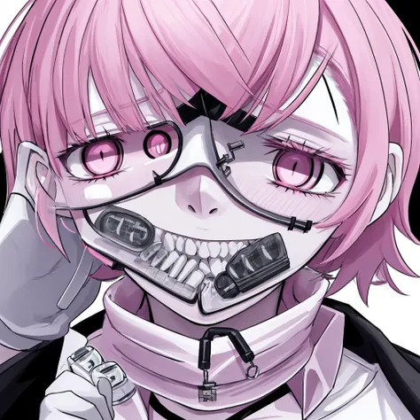 close-up on the psychopathic face and bust, short pink hair, pale skin, schizophrenic eyes, sadistic and crazy laugh, anxiety, drugs, medication pills, image with strong shades of pink