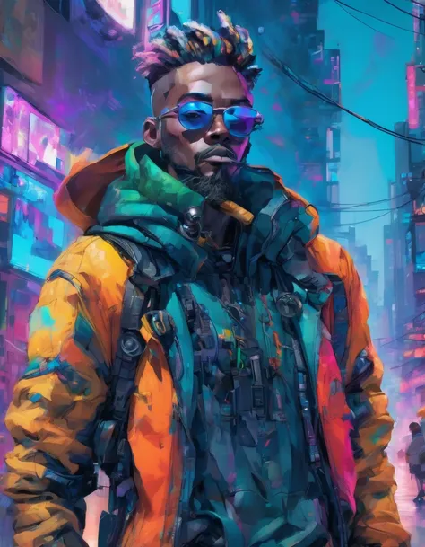 a badass cypunk man detailed , leaning on the wall, pose on a futuristic street next to a traffic light , ((holding a smoke)) with a vibrant color , high enlightenment , refined quality , High definition , super fine detailed ,Sharp details in 32k resoluti...