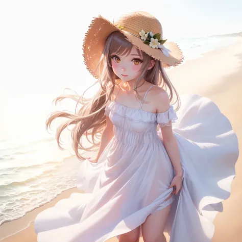 anime - style image of a woman in a dress and hat on the beach, loli in dress, , succubus in sundress portrait, full body portrait of a short!, with straw hat, commission for high res, cute anime waifu in a nice dress, flat anime style shading, thicc, oc c...