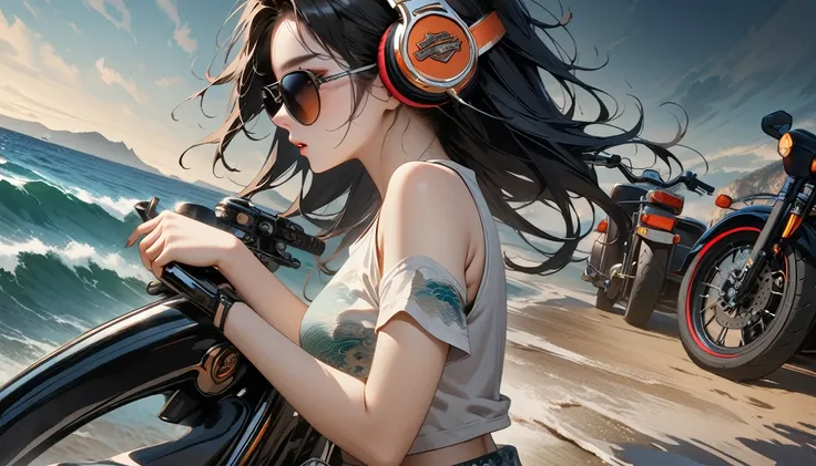 ((8k of extremely detailed CG unit, Masterpiece, high resolution, highest quality, highest quality real texture skin)), (((from side))), (((Drive a Harley-Davidson))), (((Road with a view of the sea))), (Japanese pattern T-shirt,Japanese pattern shorts),  ...