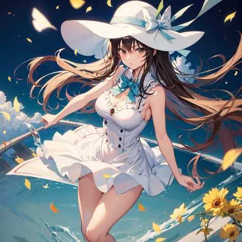 masterpiece, best quality, defyui,1girl,solo, sun hat, white sundress, large breasts, train tracks, sleeveless, frills, looking ...