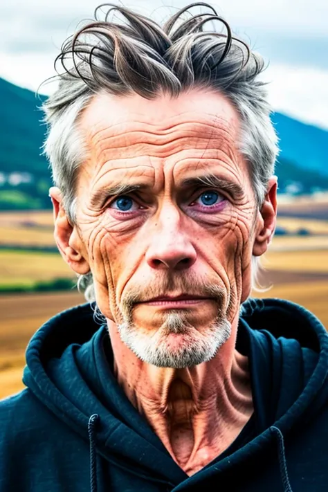 open air, rolling hills, natta, a RAW photo of a thin man in a black hoodie, close up, the 35, (Willem Dafoe:0.7), soft colors hyper detailed skin, (moles:1.12), low light photojournalism