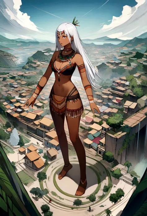 (((whole body))) indigenous woman, best qualityer, very high resolution, Detailed CG in 4K, work of art, White hair, amazon brazil, indigenous, indigenous tribes, indigenous city, forst, Aesthetics, Beautiful picture, centered on screen