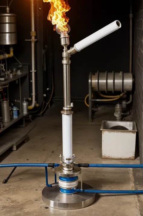 A Bunsen burner and its parts: Base, gas inlet tube, gas stopcock, mixing tube, air hole, combustion tube, calls. (chemical)