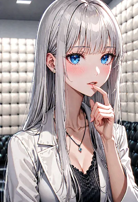 female, silver hair, long hair, straight bangs, large breasts, white lab coat, blue eyes, off-white padded room, large room, blo...