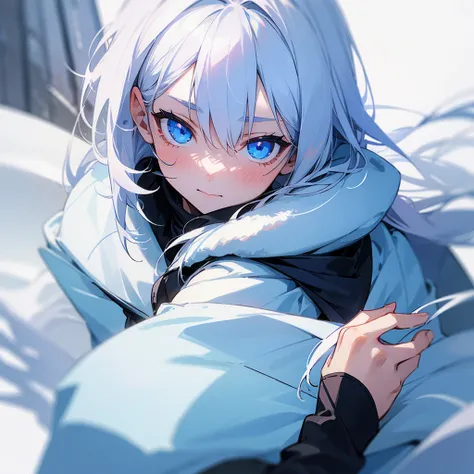 A very shy teenage girl who wears winter clothes and has white hair and blue eyes.