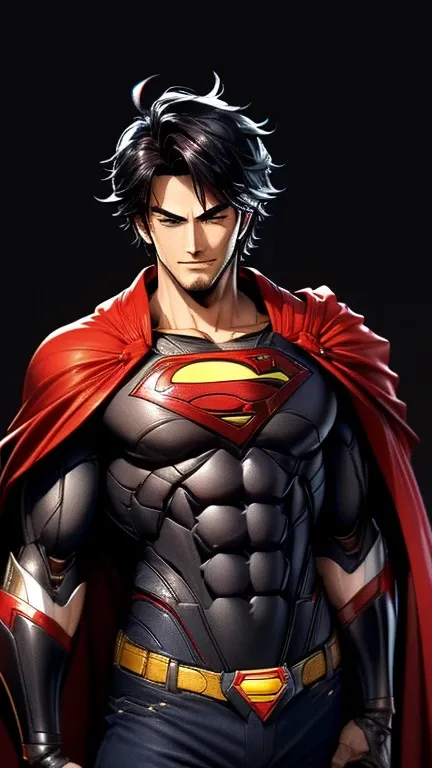 (highest quality, masterpiece, High resolution)、4K Anime Art、(1 handsome Japan man、20-year-old)、(cowboy_shot、Natural standing posture、)、 (Detailed depiction of a handsome face)、Happy smile、large chest、Short Hair、straight cut、 (Mecha style Superman costume ...