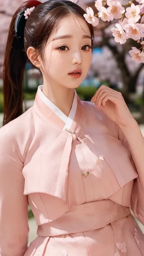 (best quality, 8K, masterpiece: 1.3), ((((((Incredibly huge breasts: 0.8))))), single ponytail, (beautiful face:1.3), Cherry blossoms are in full bloom, full of cherry blossoms, floating cherry blossom petals, very cool, Authentic Korean Hanbok