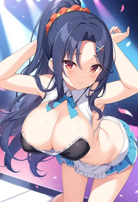 MIZUNOFUUKA, BLUE HAIR, BLACK HAIR, PONYTAIL, SCRUNCHIE, HAIR ORNAMENT, LONG HAIR, RED EYES,, large breasts,, Live Stage, solo, nsfw