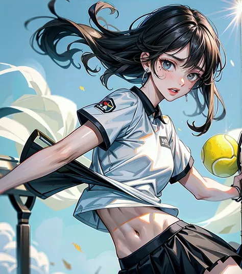 whole body, delicate facial features, medium tits, medium hair, black hair, tearful mole, earring, tennis uniform, midriff,