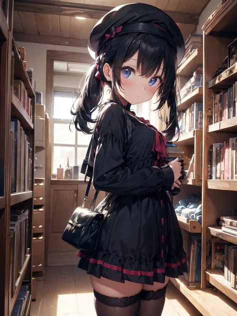 base layer: A room filled with darkness, Cute girly hobbies, Like an upturned toy box, Breaking the middle class: A girl with a mysterious aura, Surrounded by Gothic dolls, Vintage Books, Occult Tools, Split Foreground Layer: Mysterious accessories, hat, S...