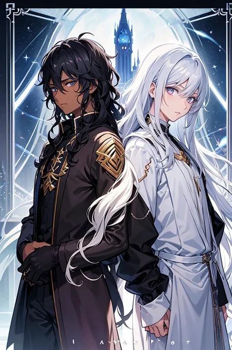 Fantasy light novel cover featuring a dark skinned male mage with black, curly hair and a white haired male demigod with dark eyes