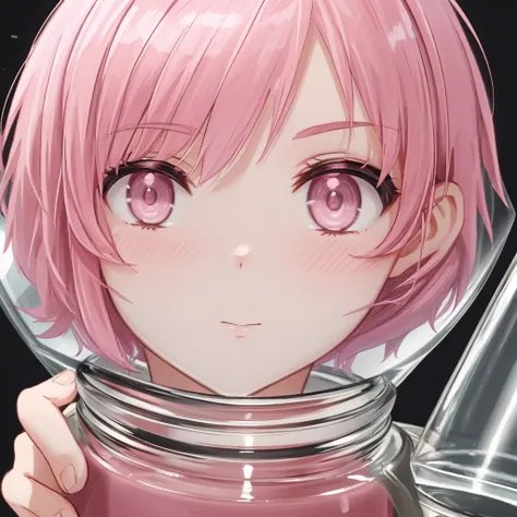  close up of the face with short pink hair, holding a glass jar with pills