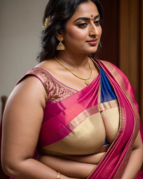 Foto RAW, photorealistic, photography, full body shot, master shot, goddess like beauty, perfect thick chubby mallu Desi aunty bhabhi, Wearing a Stanapatta, a chest-band.Saree model, model Photography, Indian saree shoot, Indian traditional wear advertisin...