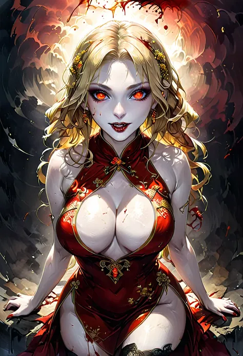 a beautiful female vampire wearing a ((blood stained: 1.5) white Cheongsam: 1.5), an extremely beautiful female vampire, ultra detailed face, blond hair, long hair, wavy hair, dark glamour make up, pale skin, red lips, (glowing red eyes: 1.2), visible (vam...