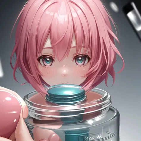  close up of the face with short pink hair, holding a glass jar with pills