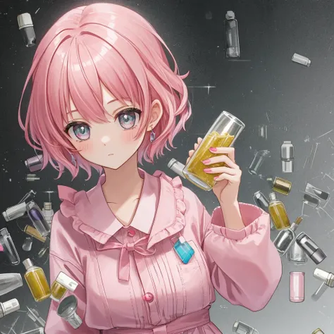  close up of the face with short pink hair, holding a glass jar with pills