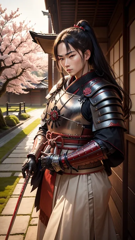 Best quality artwork Samurai with Japanese armor from the sengoku era. holding spear. very detailed in duel against samurai . ao por do sol. with cherry trees in the background. Traditional Japanese house front