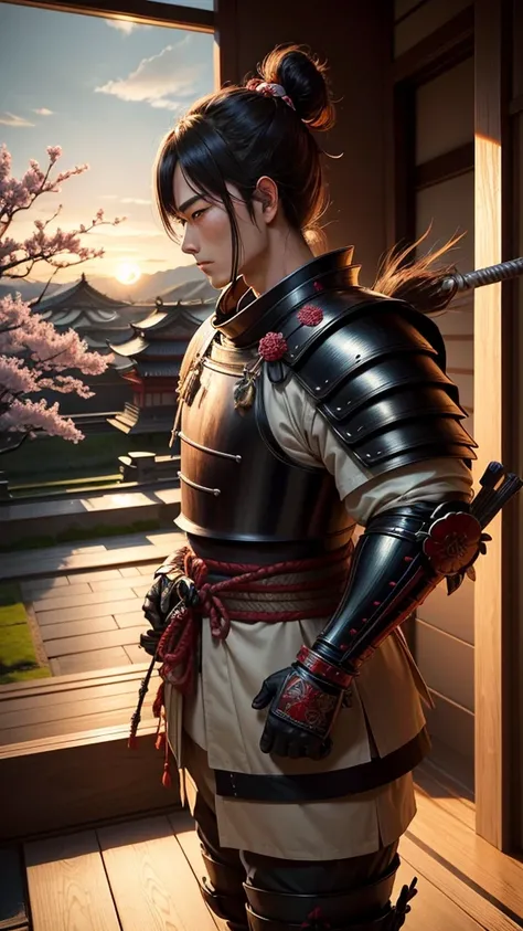 Best quality artwork Samurai with Japanese armor from the sengoku era. holding spear. very detailed in duel against samurai . ao por do sol. with cherry trees in the background. Traditional Japanese house front