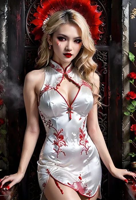 a beautiful female vampire wearing a ((blood stained: 1.5) white Cheongsam: 1.5), an extremely beautiful female vampire, ultra detailed face, blond hair, long hair, wavy hair, dark glamour make up, pale skin, red lips, (glowing red eyes: 1.2), visible (vam...