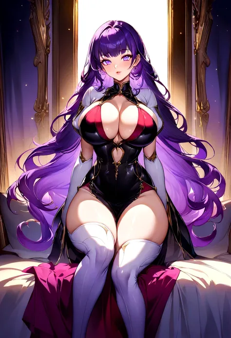 Create a digital artwork of a voluptuous female character with massive breasts in an anime-inspired style. The character should have long, flowing purple hair and large, expressive purple eyes. She should be wearing a red bra that accentuates her curves. T...