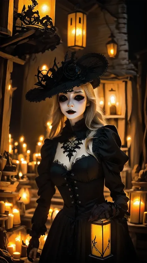 Gothic hunter vampire woman with forced, Venetian mask, lantern with candles, sinister, Medieval atmosphere