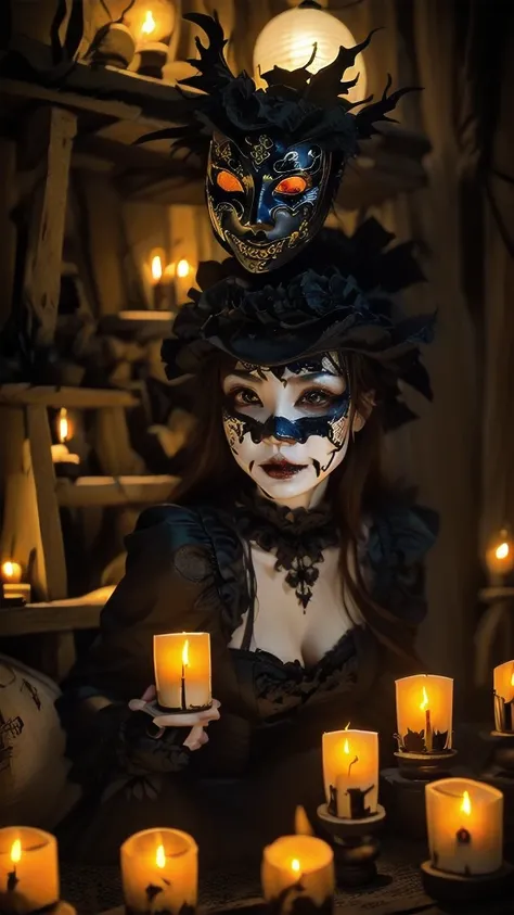 Gothic hunter vampire woman with forced, Venetian mask, lantern with candles, sinister, Medieval atmosphere