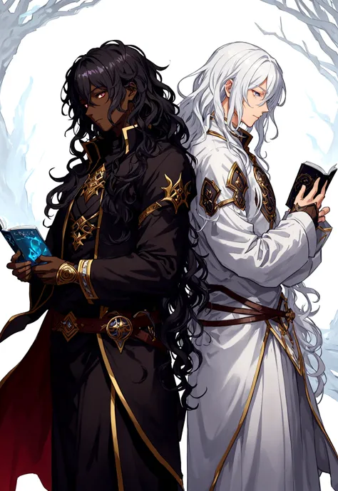 Fantasy light novel cover featuring a dark skinned male mage with black, curly hair and a white haired male demigod with dark eyes