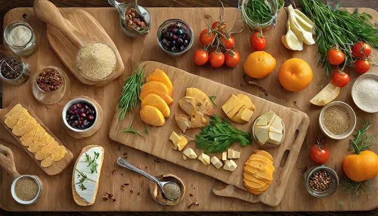 food photography style assorted natural foods on a wooden cutting board for a delicious culinary event aig, appetizing, professi...