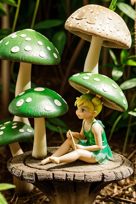 Tinkerbell sitting on a mushroom
