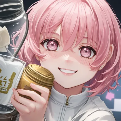 close up of the face with short pink hair, holding a glass jar with drugs, smile