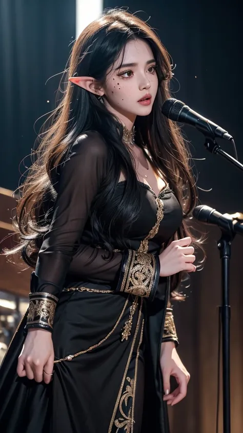 High quality, 8K Ultra HD, ((ink and painting)), ((Highest quality)), ((masterpiece)), (detailed), stage at a concert venue. A bewitching elf woman is singing. Her hair is long, black, and voluminous and loosely wavy. The eyes are black and slightly watery...