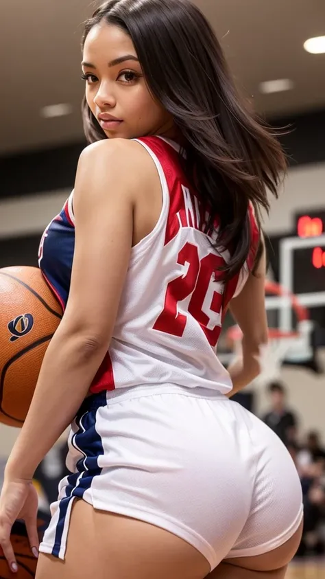 Beautiful brown skin woman, she has brunette layered short hair, she is wearing basketball jersey, she is a basketball player, thick thighs, big butt