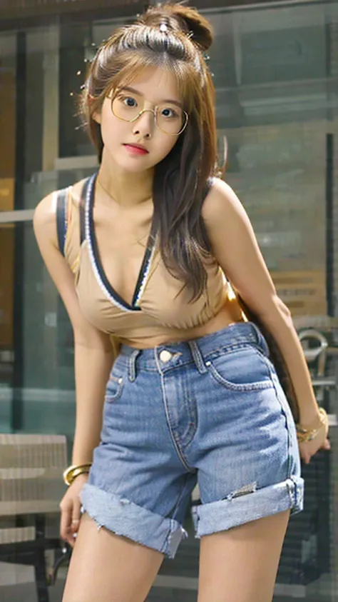 Cute tan Chinese girl wearing glasses, tight jean shorts , detailed face