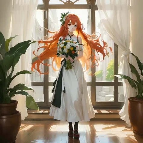 anime girl with long red hair and white dress holding a bouquet, anime girl with long hair, painted in anime painter studio, zerochan art, marin kitagawa fanart, beautiful anime art, epic light novel art cover, made with anime painter studio, cute anime wa...