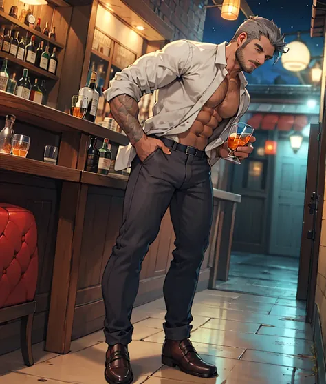 Ruggedly handsome older man, DILF, wearing grey trousers, bare chest. Dominant, Confident, gentleman, solo shot, stood alone at bar, glass of whiskey, nightime