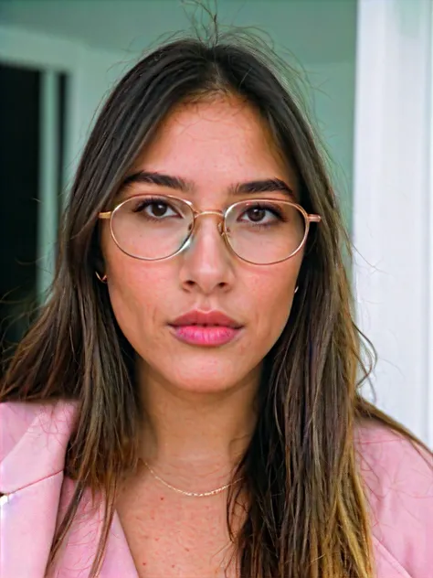 a beautiful 35-year-old woman, light brunette, close-up, girl looking to the mirror, baggy clothes, makeup, 3 rings, 3 earrings, 3 cords, 3 bracelets, lips, glasses, night, messy hair, film grain, retro, Porta 160 color, shot on ARRI ALEXA 65, sharp focus ...