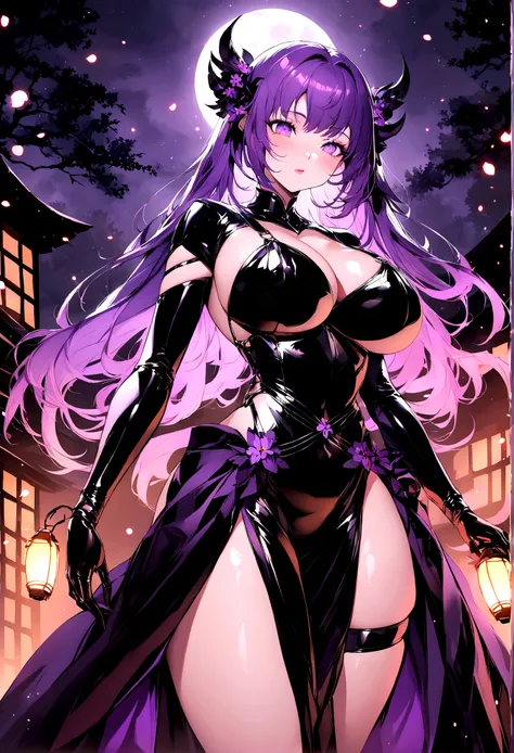 Create a digital artwork of a voluptuous female character with massive breasts in an anime-inspired style. The character should have long, flowing purple hair and large, expressive purple eyes. She should be wearing a tight black corset that accentuates he...