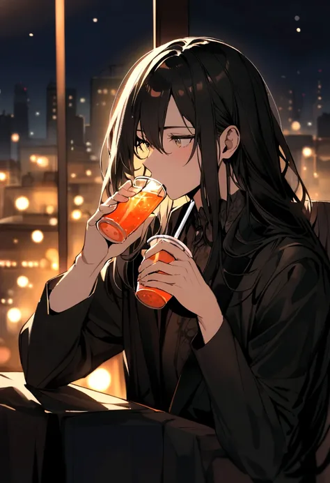 boy with medium long hair in a black outfit drinking a soft drink at night