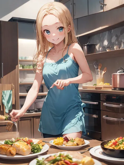 Highest quality、Tabletop、8K、Pastel Tones、Blonde、length(Forehead out:1.2)、Very length hair、Backward view、Light blue camisole dress、mini skirt、Background((kitchen:1.４)、Rotated、Dynamic Styles、smile、Ready-to-eat dishes、In the middle of a meal